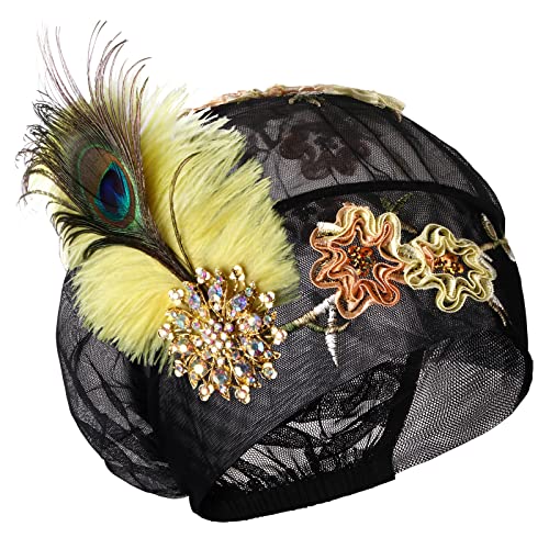VIJIV Fascinators Derby Feather Hat for Women Tea Party French Lace Tulle Cap Embroidered Bridal Headpiece Gatsby 1920s Flapper Accessories for Bride Inspired Headband Black